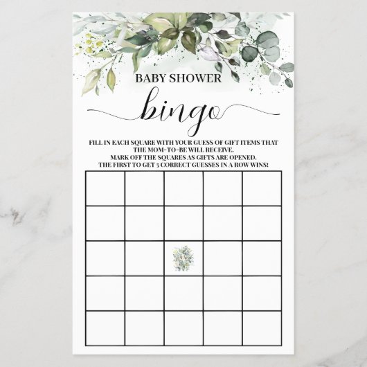 Greenery Eucalyptus Baby shower Bingo Game card Flyer (Voorkant)