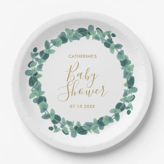 Greenery Eucalyptus Baby shower Papieren Bordje (Voorkant)