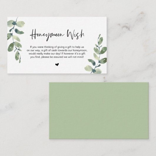 Greenery Eucalyptus, Black Font, Honeymoon Wish Informatiekaartje (Voorkant / Achterkant)