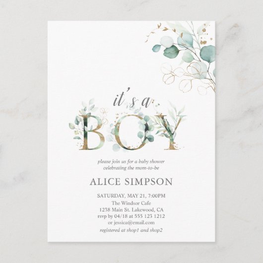 Greenery Eucalyptus Boy Baby shower Uitnodiging Briefkaart (Voorkant)