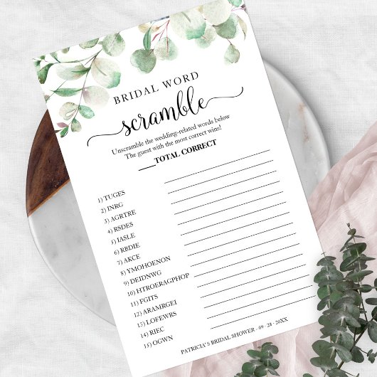 Greenery Eucalyptus Bridal Word Scramble Game Flyer