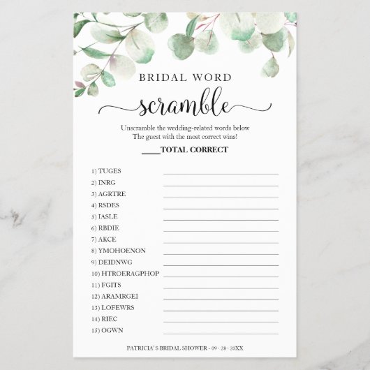 Greenery Eucalyptus Bridal Word Scramble Game Flyer (Voorkant)