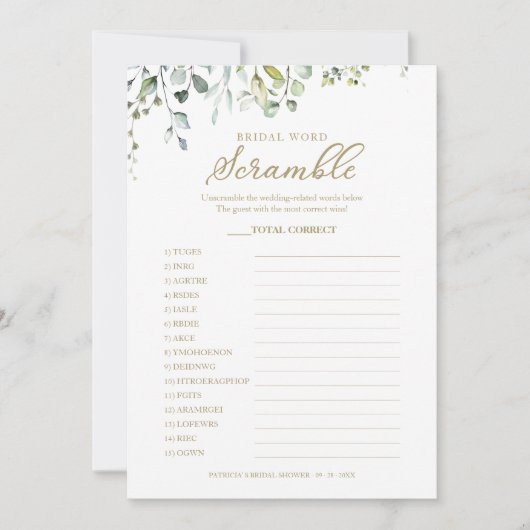 Greenery Eucalyptus Bridal Word Scramble Game Kaart (Voorkant)