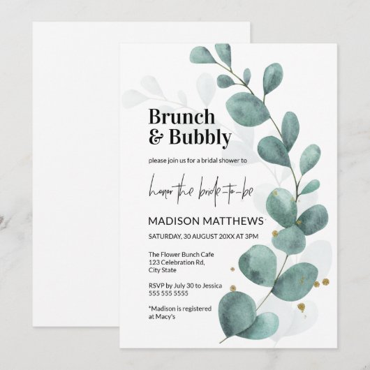 Greenery Eucalyptus Brunch & Bubble Vrijgezellenfe Kaart (Voorkant / Achterkant)