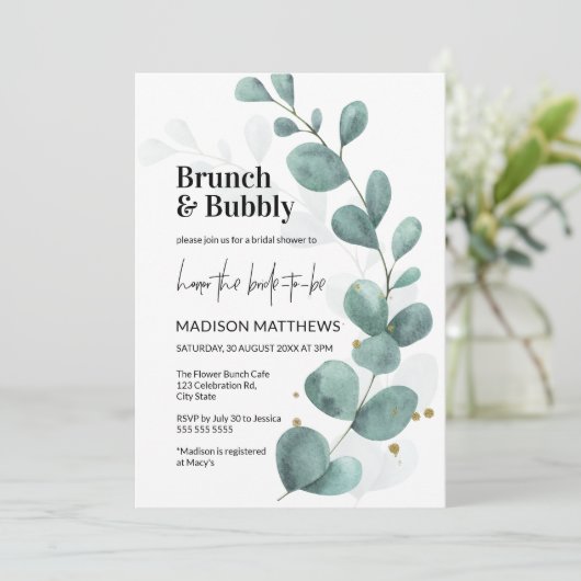 Greenery Eucalyptus Brunch & Bubble Vrijgezellenfe Kaart (Staand voorkant)