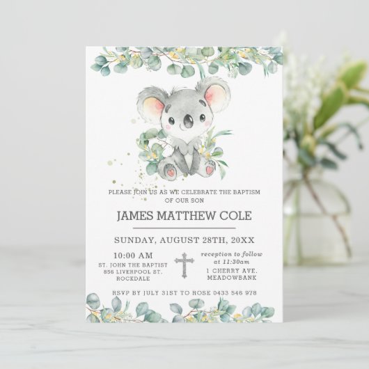 Greenery Eucalyptus Cute Koala Baptism Christening Kaart (Staand voorkant)