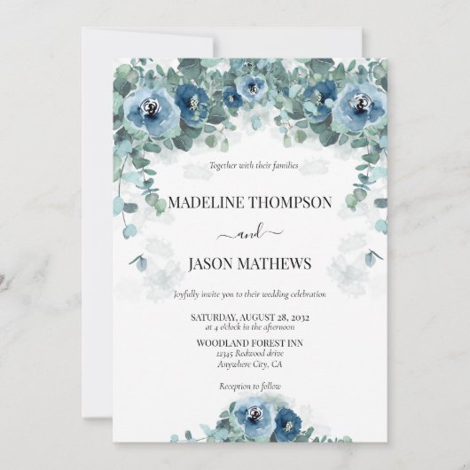 Greenery Eucalyptus Dusty blue Floral 2 Wedding Kaart (Voorkant)