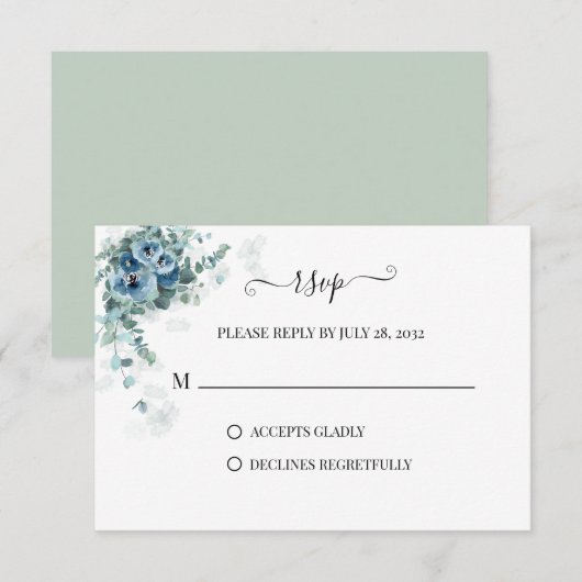 Greenery Eucalyptus Dusty blue Floral Wedding RSVP Kaartje (Voorkant / Achterkant)
