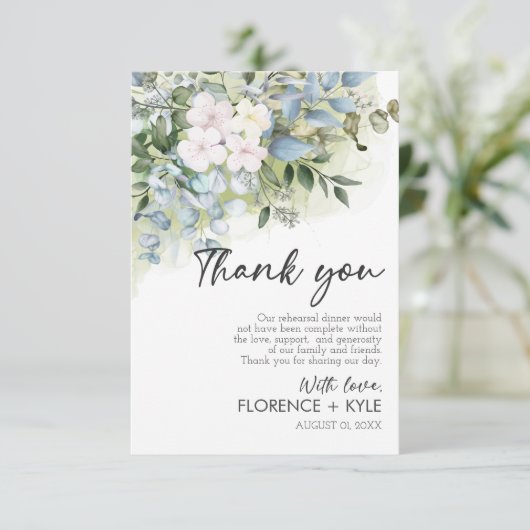 Greenery Eucalyptus Elegant Dusty Rehearsal Dinner Bedankkaart (Staand voorkant)