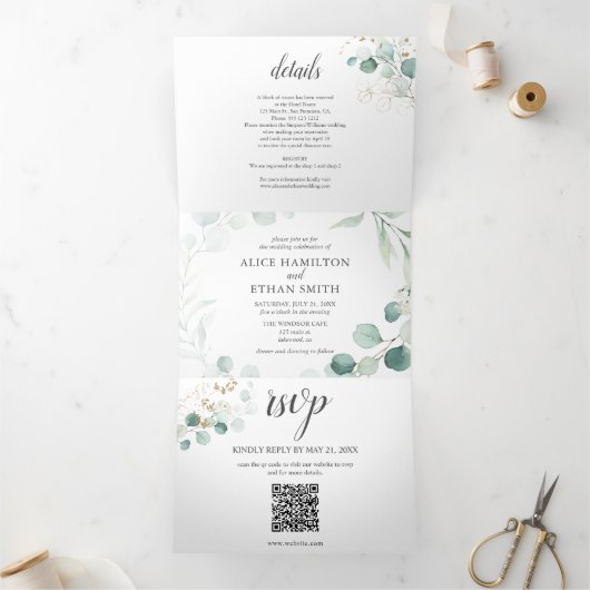 Greenery Eucalyptus Elegant QR Code Weddenschap Drieluik Uitnodiging (Binnen)