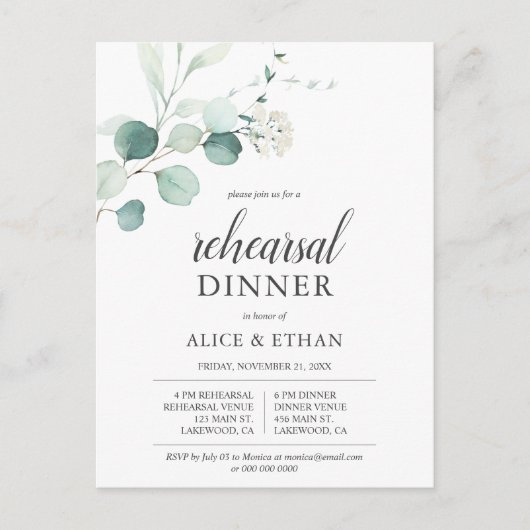 Greenery Eucalyptus Elegant Rehearsal Dinner Uitnodiging Briefkaart (Voorkant)