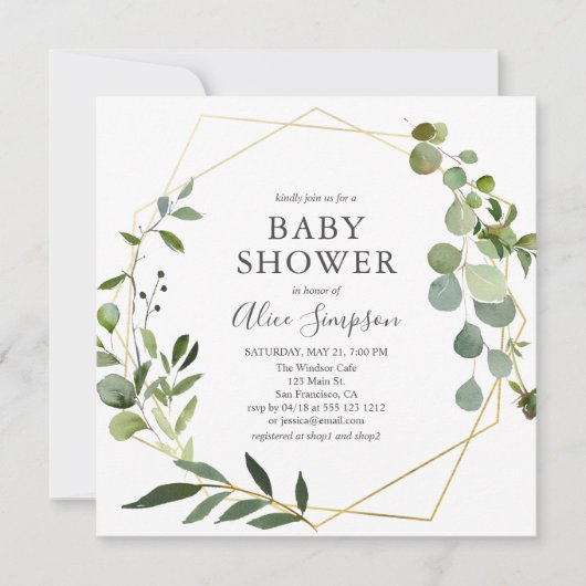 Greenery Eucalyptus Elegant Script Baby shower Kaart (Voorkant)