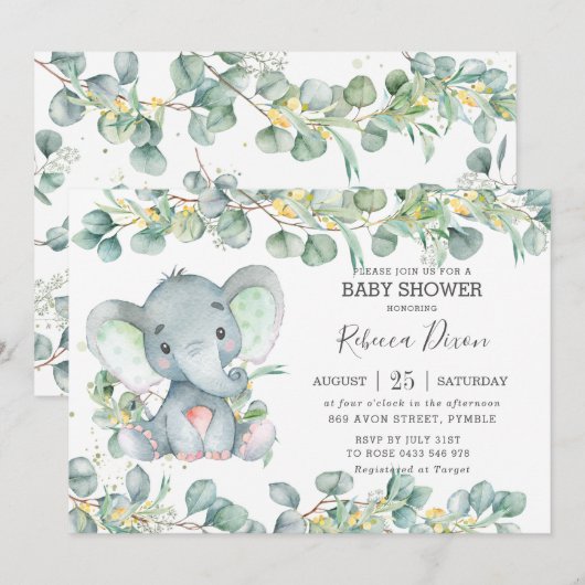 Greenery Eucalyptus Elephant Baby shower Neutraal Kaart (Voorkant / Achterkant)