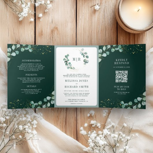 Greenery Eucalyptus Emerald Green QR Code Wedding Drieluik Uitnodiging