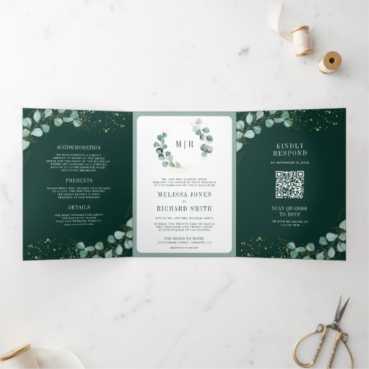 Greenery Eucalyptus Emerald Green QR Code Wedding Drieluik Uitnodiging (Binnen)