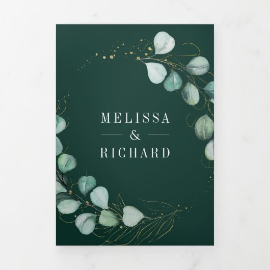 Greenery Eucalyptus Emerald Green QR Code Wedding Drieluik Uitnodiging (Cover)