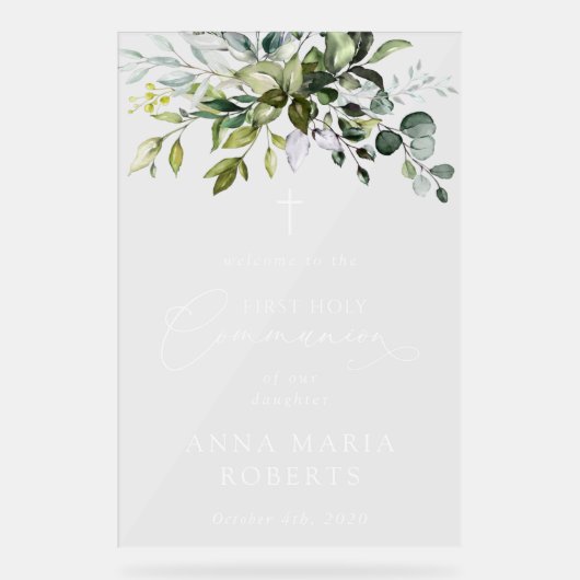 Greenery, Eucalyptus, First Holy Communion Welcome Acryl Bord (Voorkant)