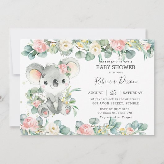 Greenery Eucalyptus Floral Koala Baby shower Girl Kaart (Voorkant)