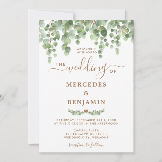 Greenery Eucalyptus Foliage Elegant Gold Wedding Kaart (Voorkant)