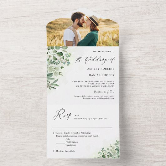 Greenery Eucalyptus Foliage Weduwfoto All In One Uitnodiging (Binnen)