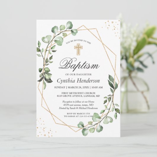 Greenery Eucalyptus Geometric Baptisme Christening Kaart (Staand voorkant)