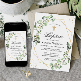 Greenery Eucalyptus Geometric Baptisme Christening Kaart