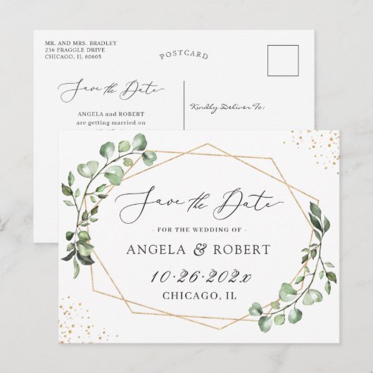 Greenery Eucalyptus Geometric Lijst Save the Date Briefkaart (Voorkant / Achterkant)