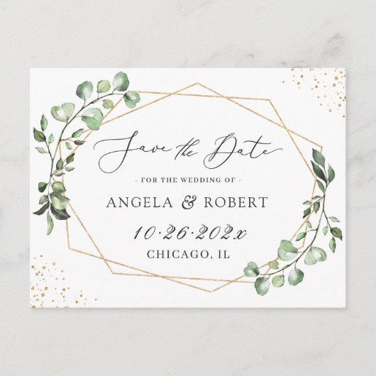 Greenery Eucalyptus Geometric Lijst Save the Date Briefkaart (Voorkant)