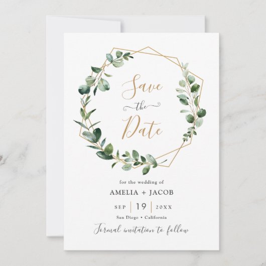 Greenery Eucalyptus Geometric Lijst Save the Date Kaart (Voorkant)