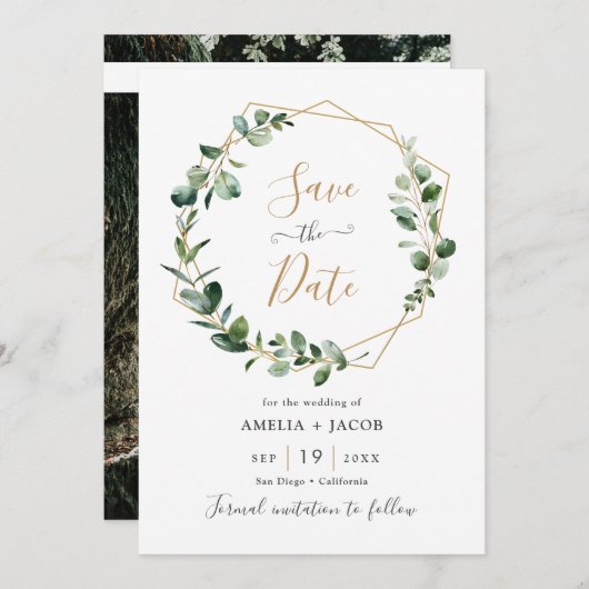 Greenery Eucalyptus Geometric Lijst Save the Date Kaart (Voorkant / Achterkant)