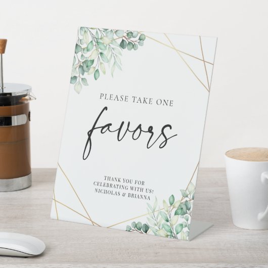 Greenery Eucalyptus Geometric Wedding Favors Reclamebord Met Voetstuk (Insitu)