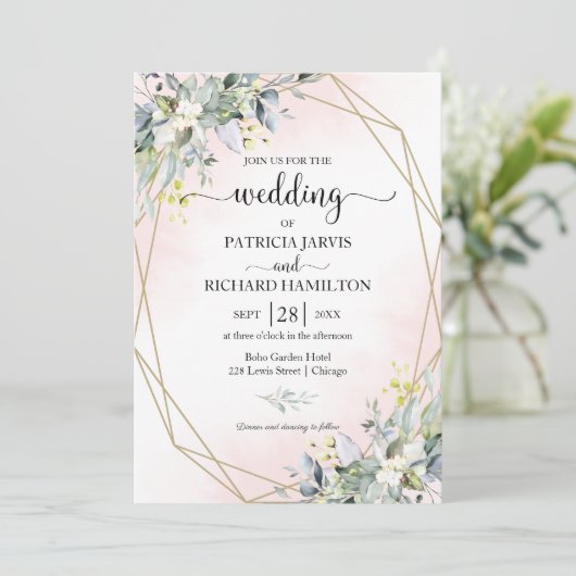 Greenery Eucalyptus Geometric Wedding Invitation Kaart (Staand voorkant)