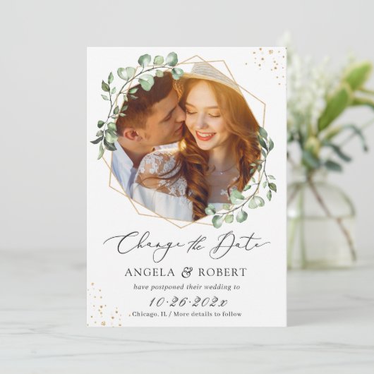 Greenery Eucalyptus Geometric Wedding Postponed Save The Date (Staand voorkant)