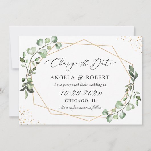 Greenery Eucalyptus Geometric Wedding Postponed Save The Date (Voorkant)