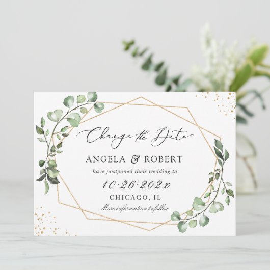 Greenery Eucalyptus Geometric Wedding Postponed Save The Date (Staand voorkant)