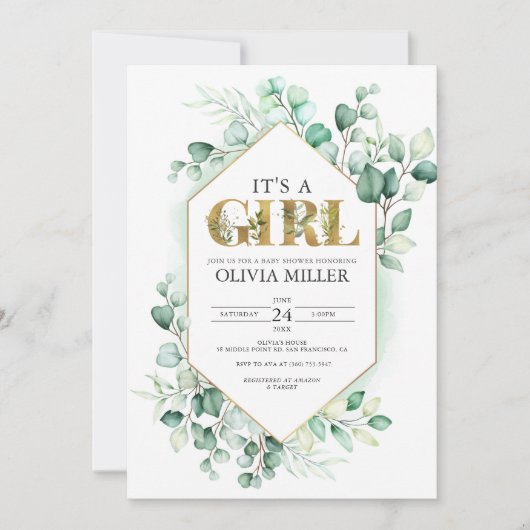 Greenery Eucalyptus Girl Baby shower Waterverf Kaart (Voorkant)