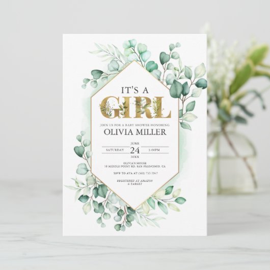 Greenery Eucalyptus Girl Baby shower Waterverf Kaart (Staand voorkant)