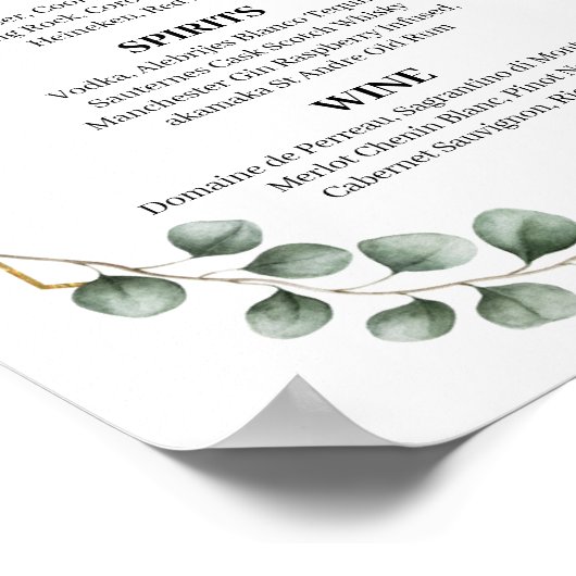 Greenery Eucalyptus Glitter Wedding Bar Menu Sign Poster (Hoek)