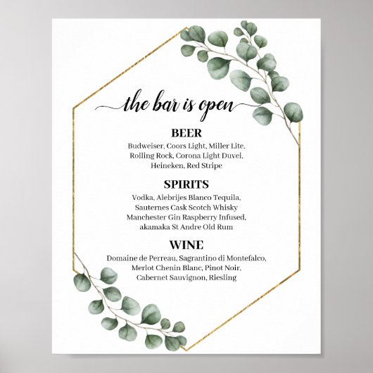Greenery Eucalyptus Glitter Wedding Bar Menu Sign Poster (Voorkant)