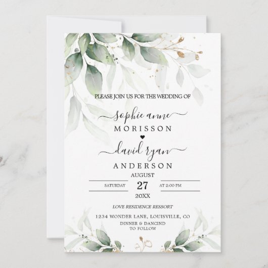 Greenery Eucalyptus Gold Calligraphy Wedding Kaart (Voorkant)