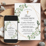 Greenery Eucalyptus Gold Geometric First Community Kaart<br><div class="desc">Viel de Eerste Communie van je kind in stijl met deze Greenery Eucalyptus Gold Geometric uitnodiging. Het moderne geometrische ontwerp wordt aangevuld met de natuurlijke eucalyptusbladeren, waardoor het elegant en tijdloos wordt. Deze uitnodiging is perfect voor ouders die de Eerste Communie van hun kind extra speciaal willen maken. Met de...</div>