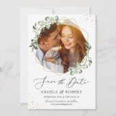 Greenery Eucalyptus Gold Geometric Lijst Foto Save The Date (Voorkant)