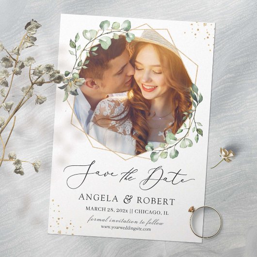 Greenery Eucalyptus Gold Geometric Lijst Foto Save The Date