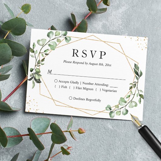 Greenery Eucalyptus Gold Geometric Lijst Wedding RSVP Kaartje