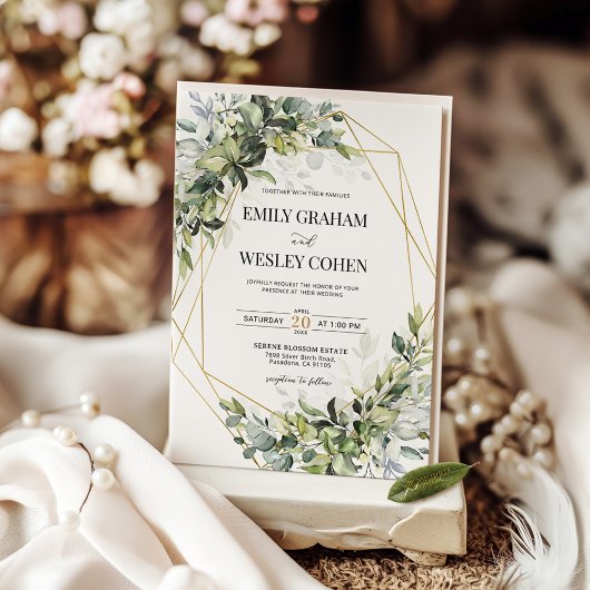 Greenery Eucalyptus Gold Geometric Wedding  Kaart