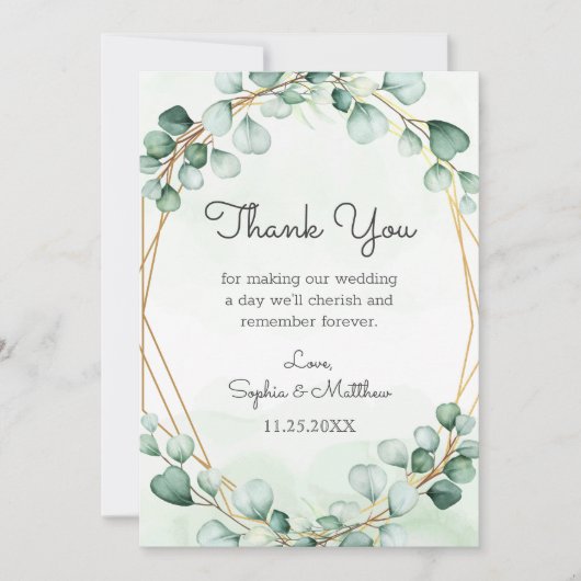 Greenery Eucalyptus Gold Lijst Geometric Wedding Bedankkaart (Voorkant)