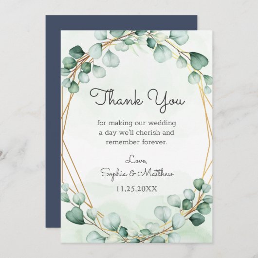 Greenery Eucalyptus Gold Lijst Geometric Wedding Bedankkaart (Voorkant / Achterkant)