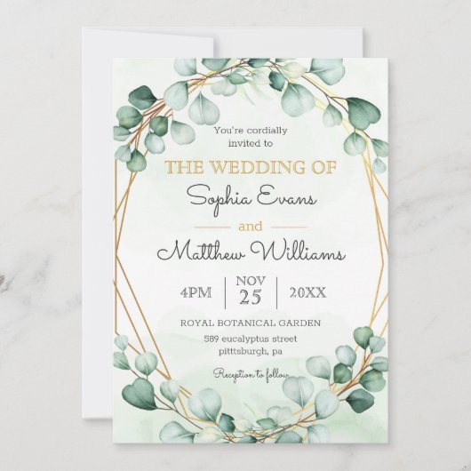 Greenery Eucalyptus Gold Lijst Geometric Wedding Kaart (Voorkant)