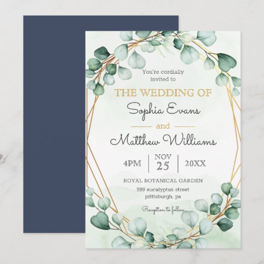 Greenery Eucalyptus Gold Lijst Geometric Wedding Kaart (Voorkant / Achterkant)