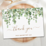 Greenery Eucalyptus Gold Script Wedding Officier Bedankkaart<br><div class="desc">Bedankt voor je huwelijk. Show je waardering voor je trouwagent met deze moderne maar rustige eucalyptus greenery, elegant bedankt kaarten. Deze rustige maar elegante bruiloft dank u dat de kaarten waterverf eucalyptus greenery bladeren, delicaat goudschrift op wit bevatten. Pas deze bruiloft aan met je persoonlijke boodschap. Deze unieke grove bruiloft...</div>